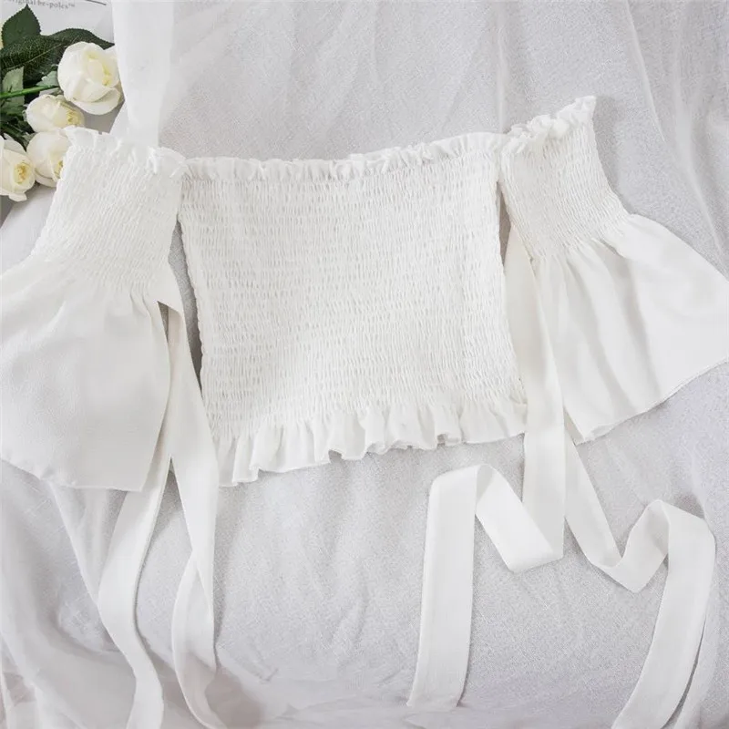 Neploe, однотонная плиссированная блуза с бантом, женская блузка с вырезом лодочкой и открытыми плечами, короткий укороченный топ, блузка, летняя, короткий рукав, тонкая женская рубашка 68079 - Цвет: white blouse