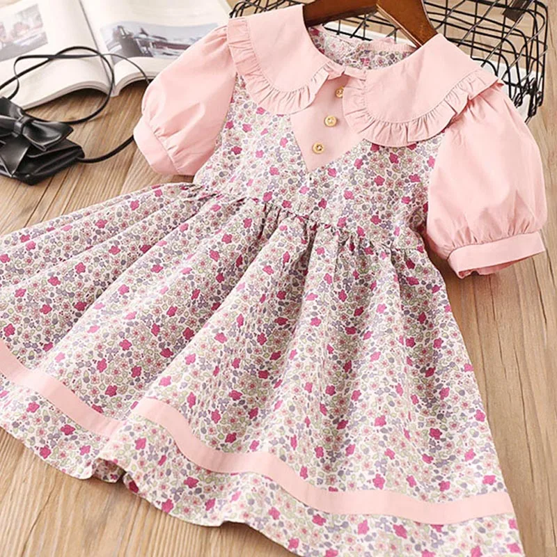AX1355-Pink Платье для девочек; Новая брендовая летняя одежда для девочек; кружевное платье с цветочным узором для маленьких девочек; Детские платья для девочек; повседневная одежда - Цвет: AX1355-Pink