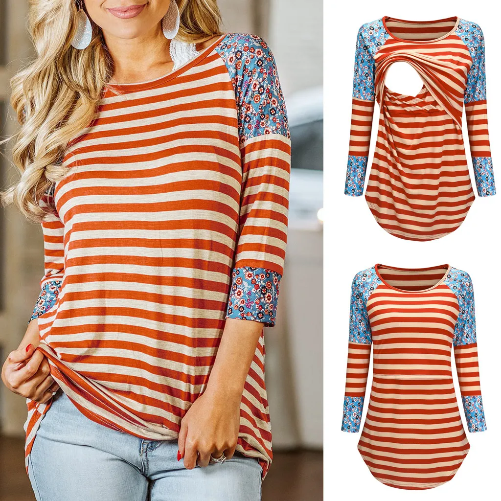 

Maternity Blouse Women Loose Casual Clothes Long Sleeve Maternity Blouse Striped Nursing T-shirt For Breastfeeding Tops Y824