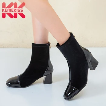 

KemeKiss Plus Size 30-43 Woman High Heel Boots Patchwork Zipper Thick Heel Ankle Boots Women Fashion Winter Shoes Ladies Footwea
