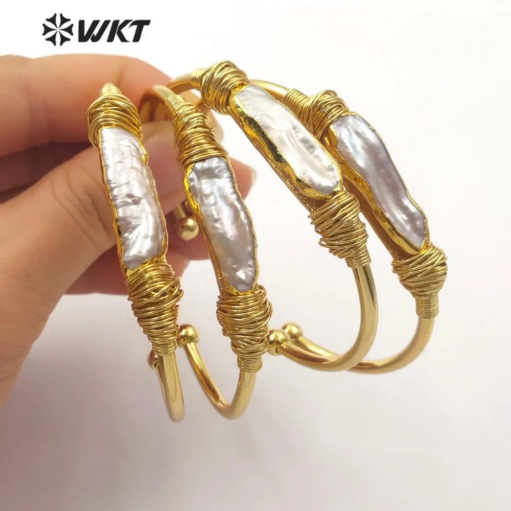 

WT-B489 WKT Natural Pearl Wire Wrapped Bangle Gold Bezel Irregular Pearl Bracelet Women Fashion Charm Bracelet Jewelry