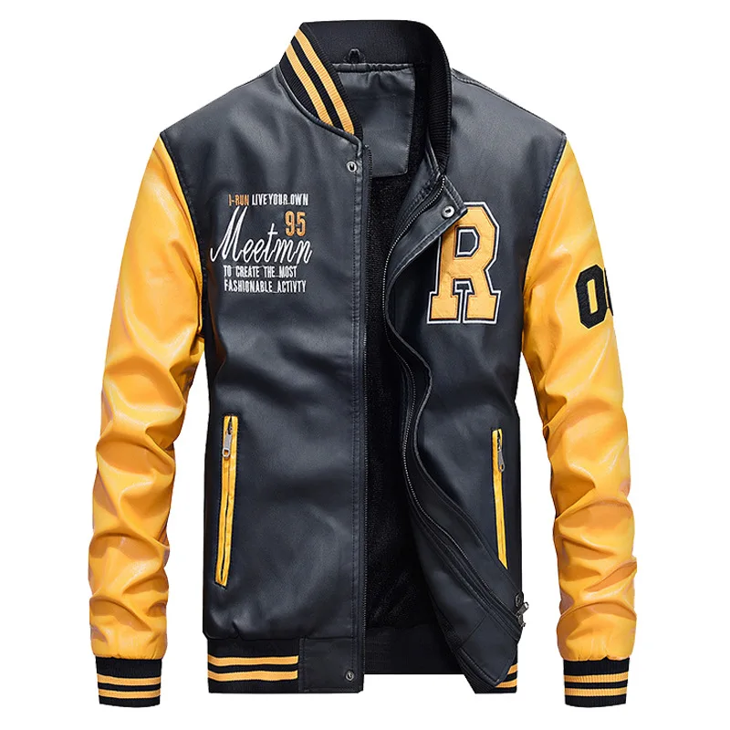 Кожаная мужская куртка-бомбер, бейсбольная куртка, байкерская куртка из искусственной кожи, пальто из искусственной кожи, куртка-пилот, флисовая куртка для колледжа, кожаная черная облегающая мотоциклетная куртка