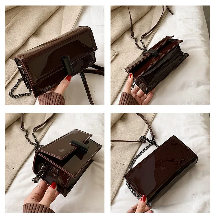 

2020 Spring New Style WOMEN'S Bag Lock Long Square Square Sling Bag Patent Leather Bright Surface Shoulder Bag