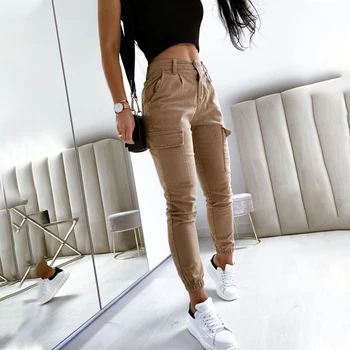 

Women Cargo Pants 2020 Fashion Solid Khaki Casual Soft Multi Pockets Ankle-length Harem Tactical Military Trousers Long Pants