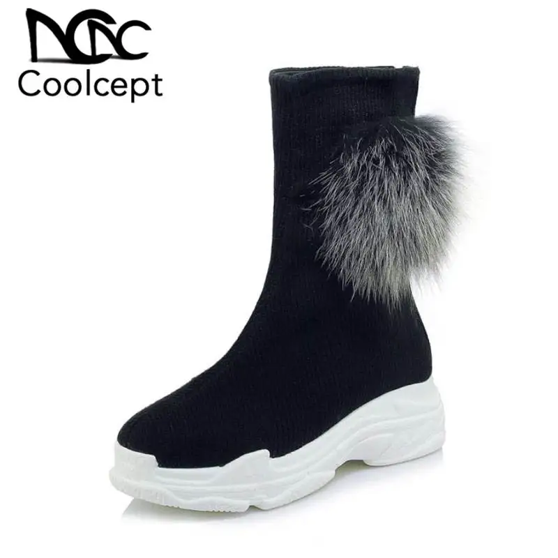 

Coolcept Women Mid Calf Boots New Winter Autumn Elastic Knitted Stretch Shoes Women Casual Wedges Platform Boots Size 29-43