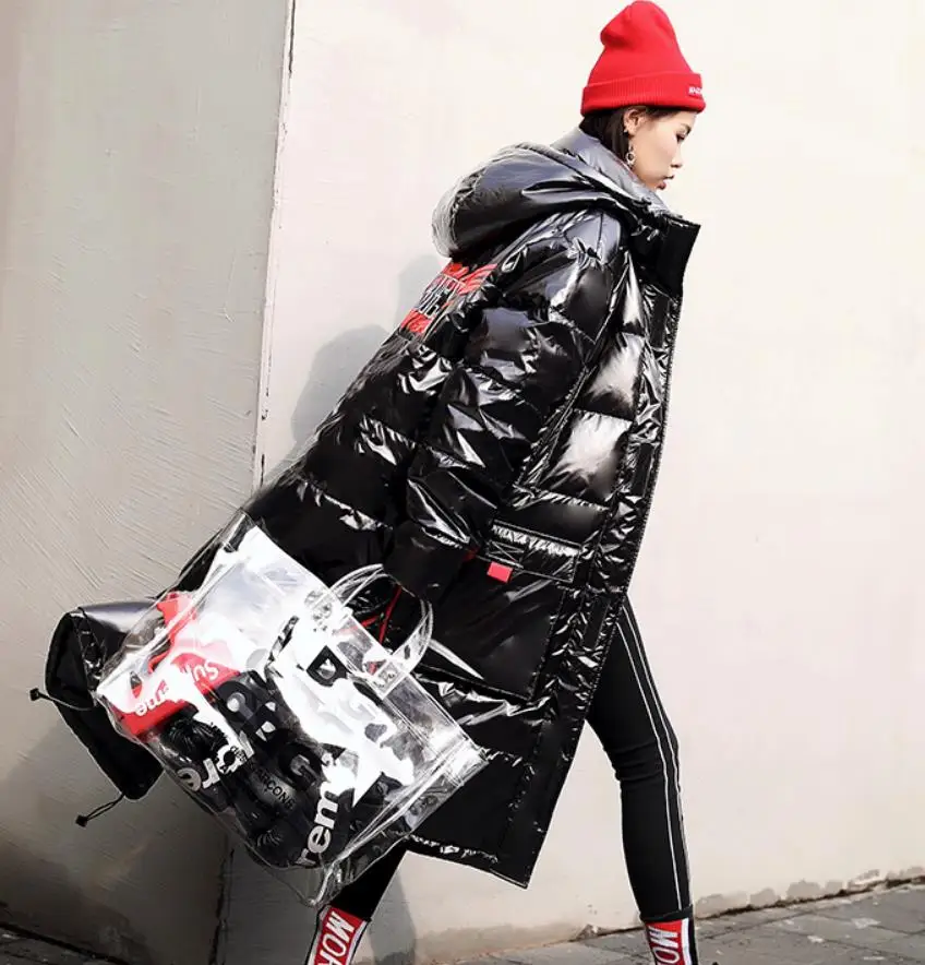 Пушистое хлопковое пальто с принтом зимняя уличная стильная теплая блестящая лакированная хлопковая куртка-парка Женская Толстая длинная куртка с капюшоном wq2536