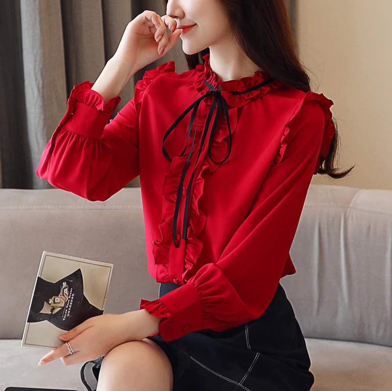 Женская шифоновая рубашка с длинным рукавом и оборками Новинка осени 2020| |