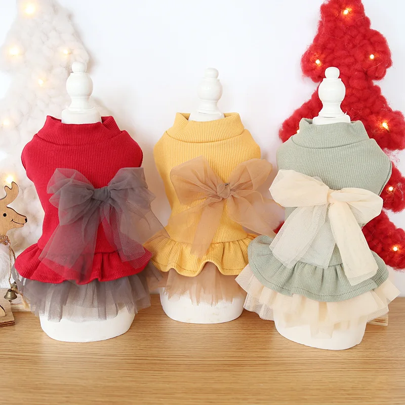 Осенне-зимняя Трехцветная юбка для домашних питомцев с большим бантом разных