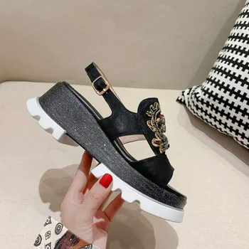 

MLJUESE 2020 women sandals cow leather open toe gold color buckle strap crystal platform high heels beaches sandals party