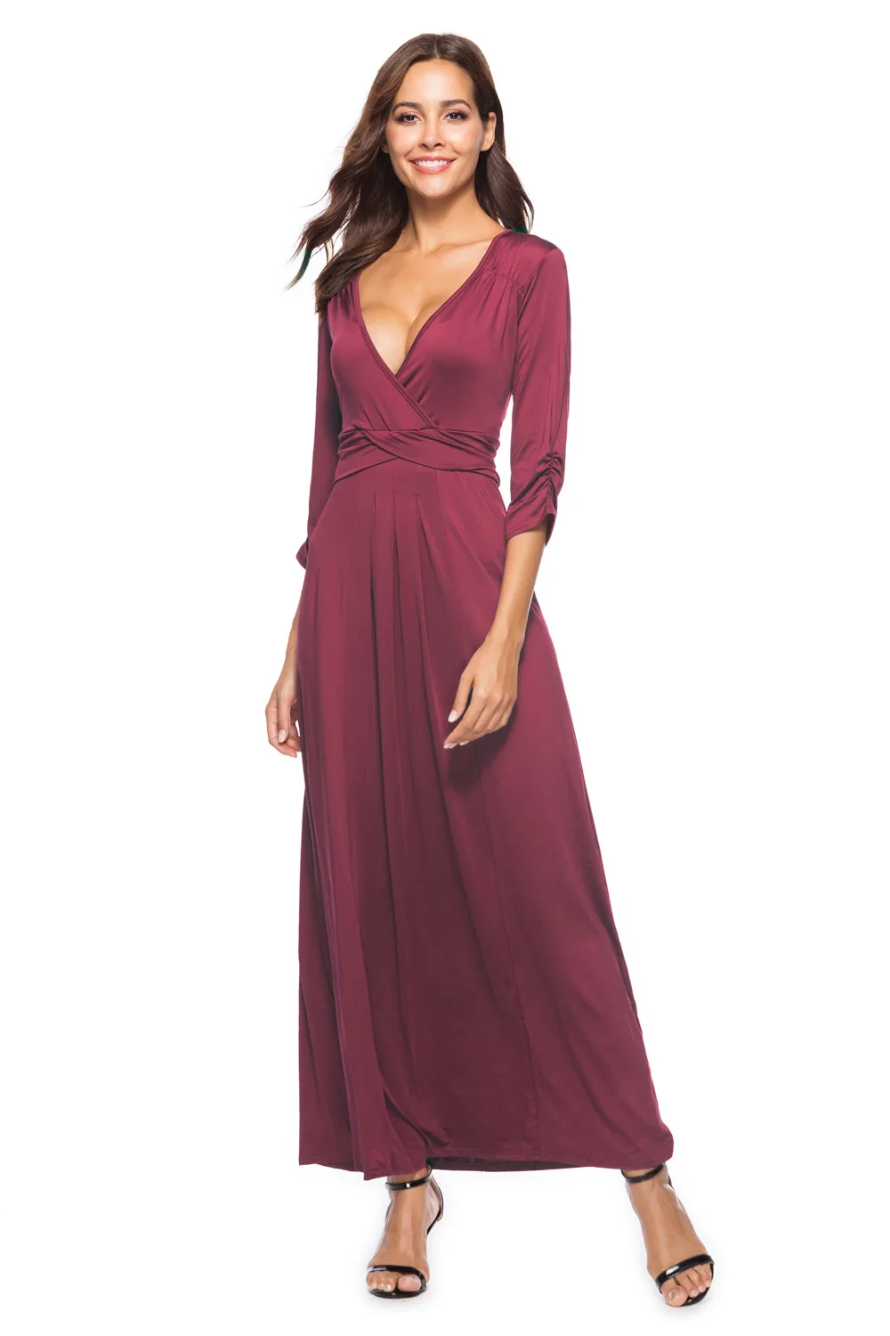 Sexy V neck Solid Black Formal Party Maxi Dress for Winter 3/4 Sleeves Vintage Floor-Length Occation Club Dress Plus Size