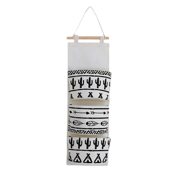 

Hanging Storage Bag Black White Pattern Cotton Linen Home Storage Bag 3 Pockets Wall Mounted Wardrobe Hang Bag Wall Pouch Cosmet