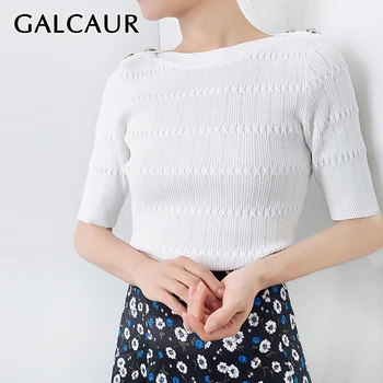

GALCAUR Hollow Out Knitted T-shirt Women O Neck Half Sleeve Large Size Slim Korean Shirt Female Spring Fashion Clothes 2020 New