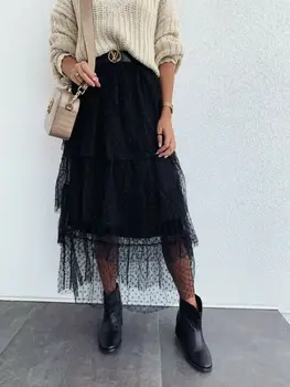 

Women's Skirt High Waist Ruffle Mesh Sheer Tutu Skirts Party Net Tulle Long Pleated Multi-layer Skirt Streetwear Winter Fashion