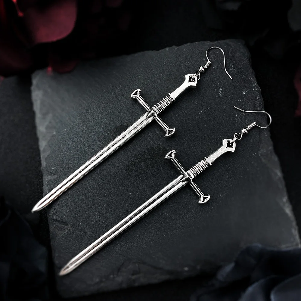 VamGoth1537 Готический меч длинные серьги для женщин Необычные Висячие серебряная