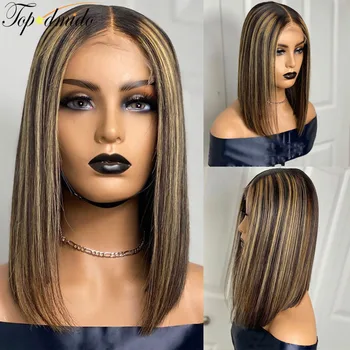 

TOPODMIDO Highlight Color Transparent Lace Front Wigs Pre-Plucked 8"-16" Peruvian Straight Short Human Hair Wig With Baby Hair