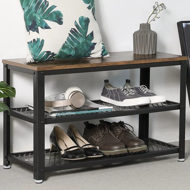 3-Tier Shoe Rack Industrial Shoe Bench with Storage Shelves-Brown