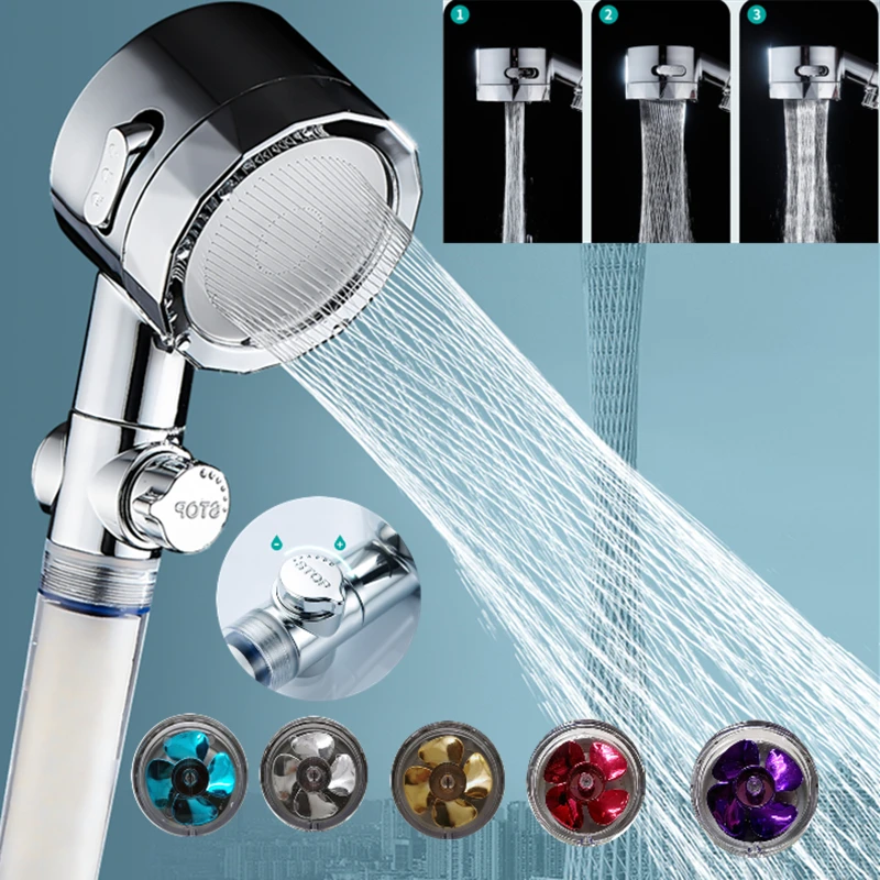 3 Mode Turbo Shower Head Water Saving Flow Adjust With Small Fan Filter ABS Rain High Pressure spray Nozzle Bathroom Accessories |