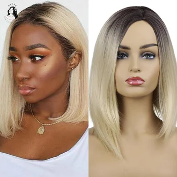 

DANBO Medium Length Straight Hair Brown Light Gold Gradient Commuting Lady High Temperature Synthetic Wig Heat Resistance