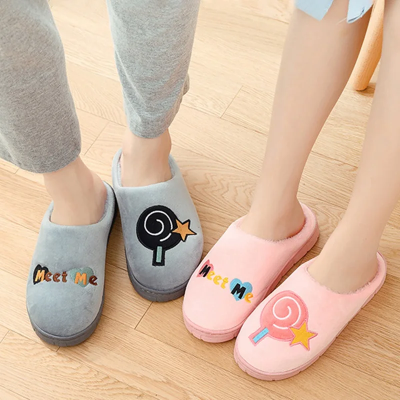 

Women Men Winter Warm Home Slippers Cartoon Pattern Unisex Indoor Floor Bedroom Lovers Couple Plush House Shoes