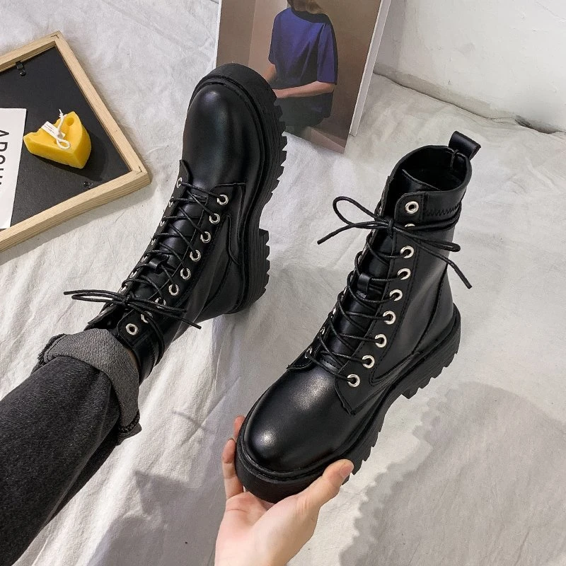 Rimocy zapatos de plataforma cordones para mujer, Botines Cuero de polipiel, punta redonda, color blanco y negro, para Otoño e Invierno|Botas hasta el tobillo| - AliExpress