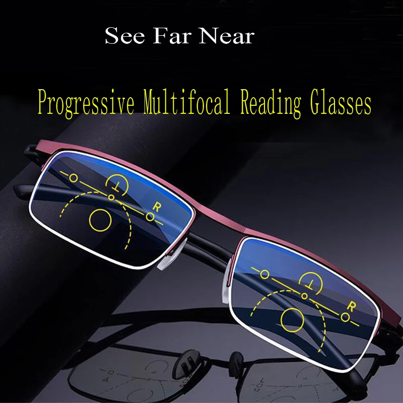 

Progressive Multifocal Reading Glasses Men Half Frame Metal Presbyopia Glasses Anti Blue Light Lightweight Alloy Square Gafas