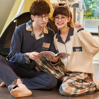 

Set Long Sleeve Button-Down Pyjamas Suit Cute Blue Cartoon Pijamas Women Men Loungewear Pijamas Couple Sleepwear Cotton Pajamas