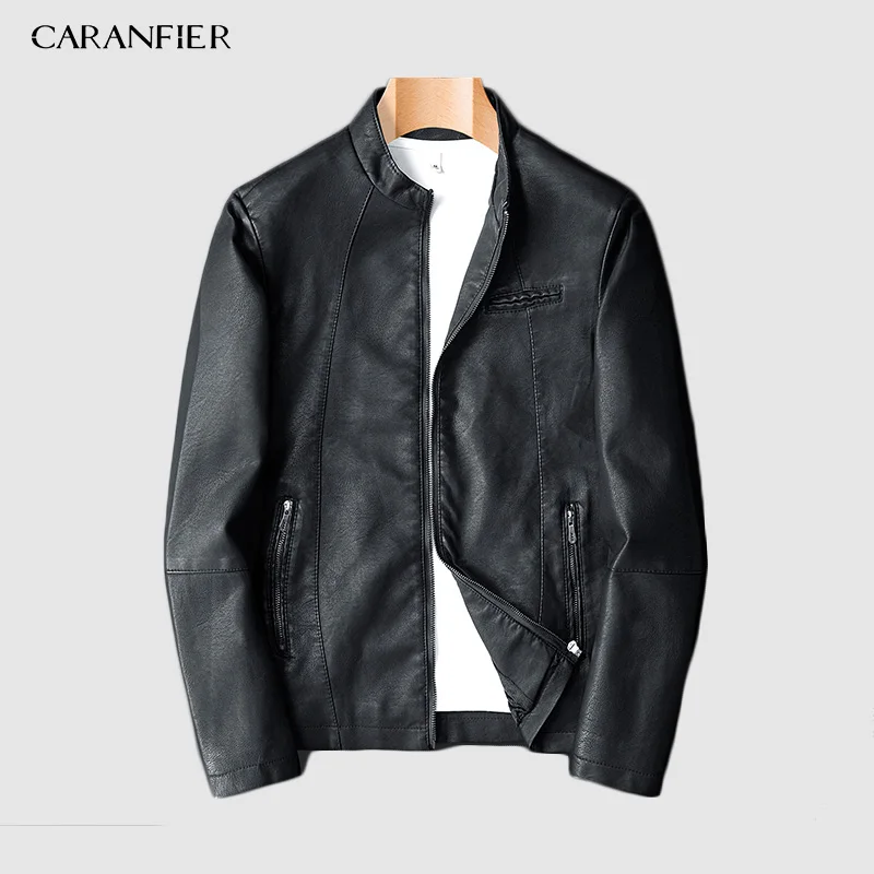 CARANFIER Новая модная Осенняя мужская кожаная куртка плюс размер 3XL черные коричневые мужские пальто с воротником-стойкой кожаные байкерские куртки