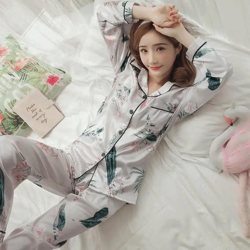 

Fashion Women Sleepwear Set Comfortable Soft 1Set Adjustable Print Elastic Long Sleeve Trousers Ice Silk Thin Rayon Nightclothes