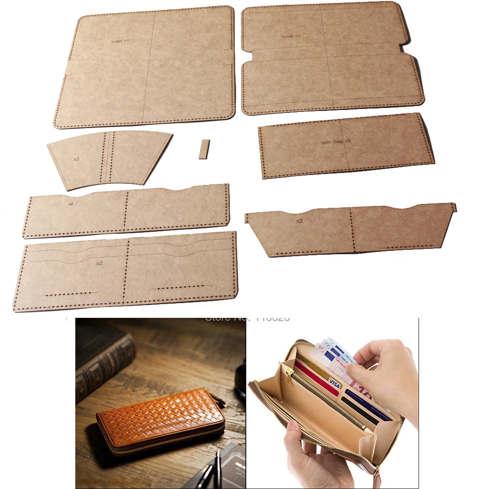Leather Craft Template Sewing Template DIY leather craft long folded wallet card holder with zipper coin bag clutch template hollowed stencil pattern 10x21x2cm