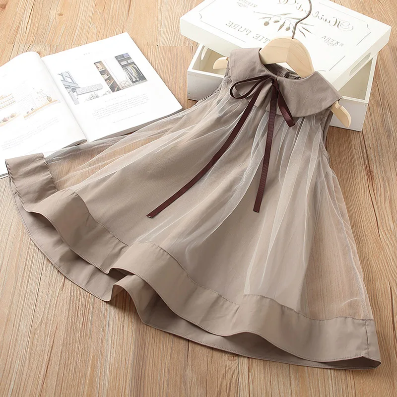 Children Girls Dress 3-12 Years College Style Veil Mesh Peter Pan Collar Patchwork Sleeveless girls dress kids clothes