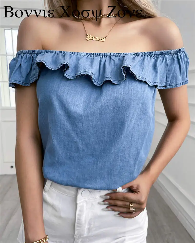 

Women Solid Color Off Shoulder Ruffles Denim Top