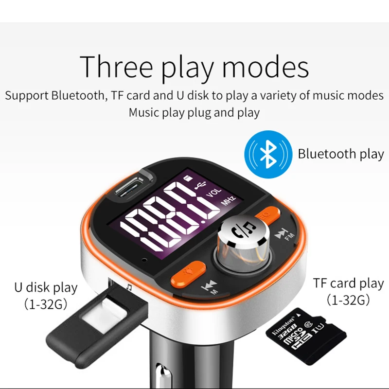 Автомобильный Bluetooth 5,0, беспроводной fm-передатчик, с двойным USB, PD3.0 выходом, поддержка USB и TF карты MP3-плеер Автомобильное зарядное устройство