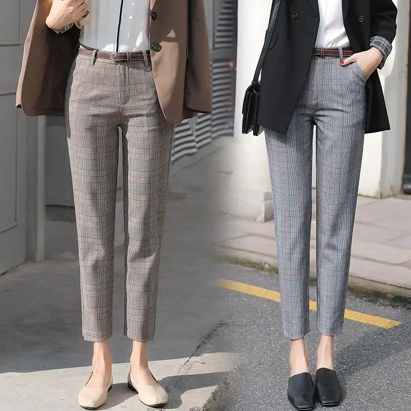 2022 Autumn Office Lady Pencil Pants Women's Elegant Formal Vintage Skinny Plaid Trousers Slim Ankle Length Straight Feet Pants