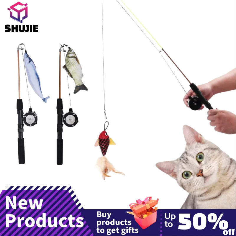 Pet Cat Telescopic Fish-Shaped Telescopic Fishing Rod Feather Funny Cat  Stick Toy Simulation Fishing Rod 2022 New