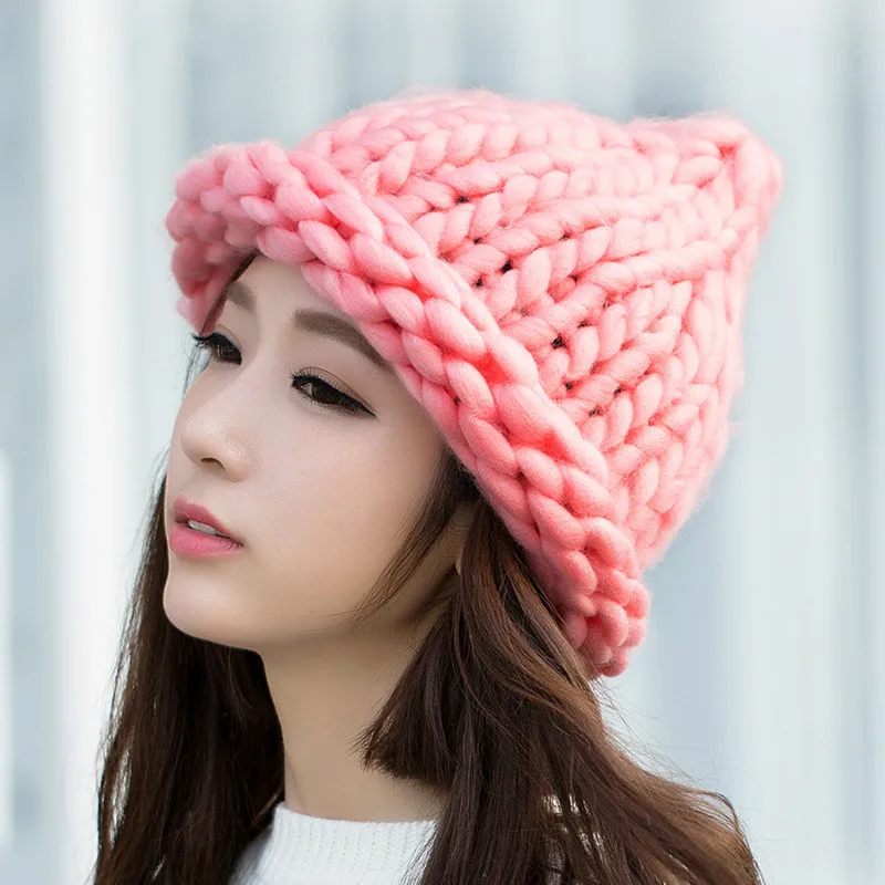 Горячая зимняя теплая вязаная шапка ручной работы Шапки грубой вязки вязаные шапки вязаные шапочки Женские аксессуары