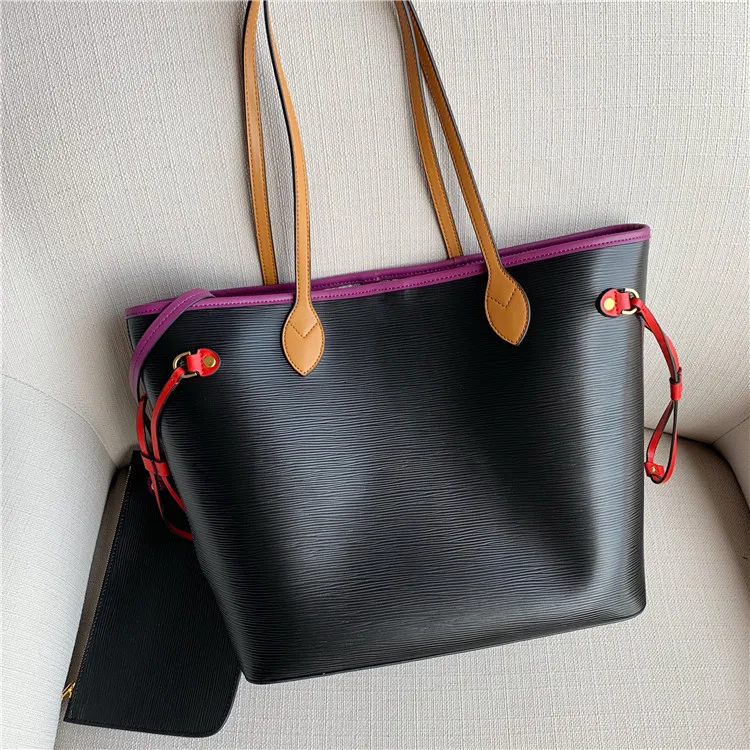 

Women Genuine Leather Composite Bags Water Ripple Bucket Casual Totes Cowhide Lady Handbag Black Large Shopping Bag