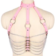 Металлическая цепочка кожаный ремень для бюстгальтера нижнее белье Фетиш бандаж готический панк сексуальные топы клетчатый Бралетт танец рейв для женщин