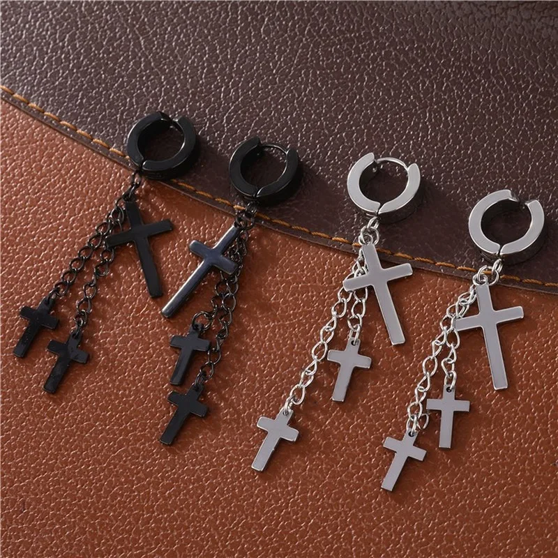 Ear Clip Earrings Titanium Steel Cross Fake Piercing For Men Fashion Chain Tassel For Women Girls