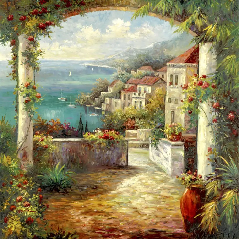 

Canvas Art Hand Painted Oil Paintings Landscape Mediterranean Italian Garden View The Veranda Modern Seascape for Wall Decor