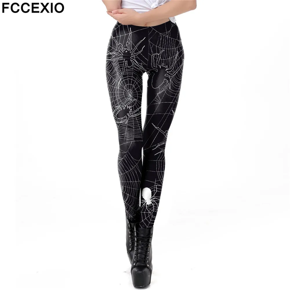 FCCEXIO Halloween Women Leggings Soft Elastic Workout Push Up Pants Spider Web Print Fitness 3D Trousers Punk | Женская одежда
