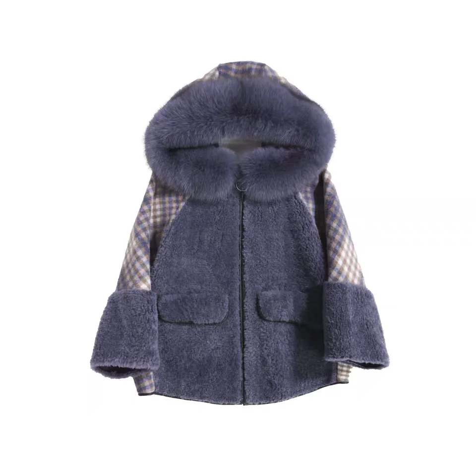 MUMUZI, шикарное пальто из овечьей шерсти, женское,, осень и зима, новая мода, толстый меховой воротник, свободное, клетчатое, короткое пальто с капюшоном - Цвет: like picture