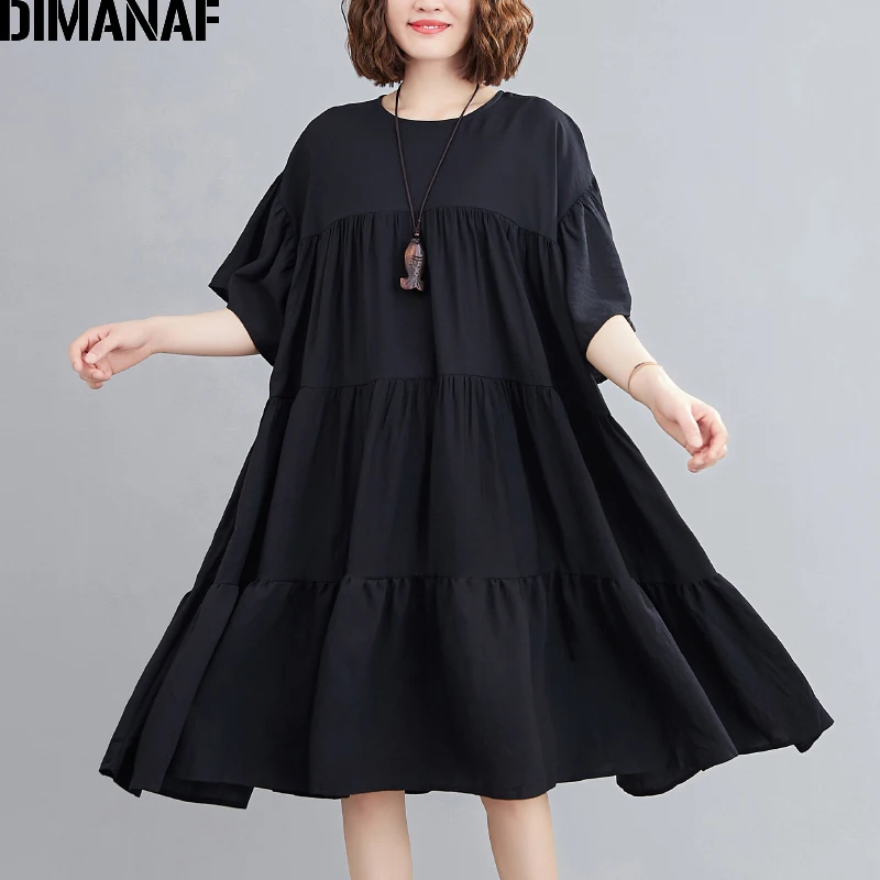 

DIMANAF Summer Plus Size Dress Women Clothing Pleated Spliced A-Line Loose Female Elegant Lady Sundress Vestidos Black Dress 5XL