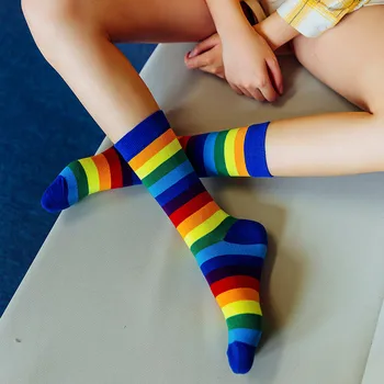 

5PC Autumn Winter Funny Socks Harajuku Striped Socks Women Cotton White Rainbow Print Socks Long Warm Ankle Socks#g4