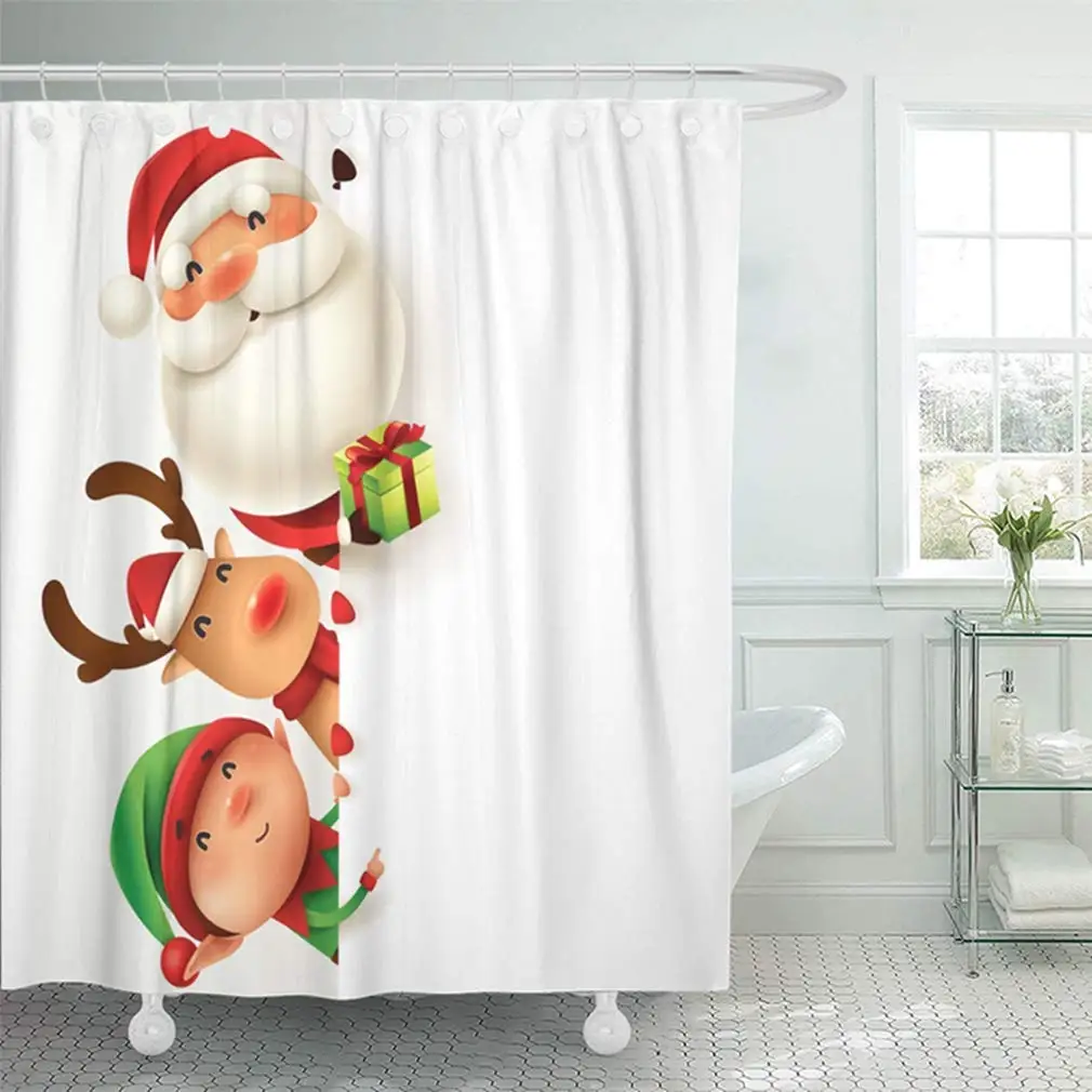 Red Christmas Santa Claus Reindeer and Elf with Blank Signboard Cartoon Letter Merrys Bathroom Decor Shower Curtain Sets | Дом и сад