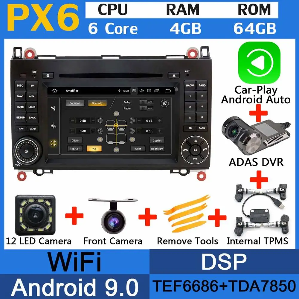 PX6-CarPlay-ADAS-TMS PX6 Восьмиядерный Android 9,0 4+ 64G usb× 5 Автомобильный мультимедийный плеер для Mercedes Benz A-Class W169 B-Class W245 DSP CarPlay Android Auto - Цвет: PX6-CarPlay-ADAS-TMS