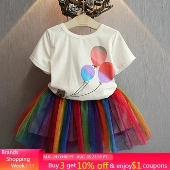 

Menoea Girls Clothes Brand 2Pcs for Kids Clothes Princess Dresses Girl Dress White Balloon Print T-shirt+Rainbow Dress