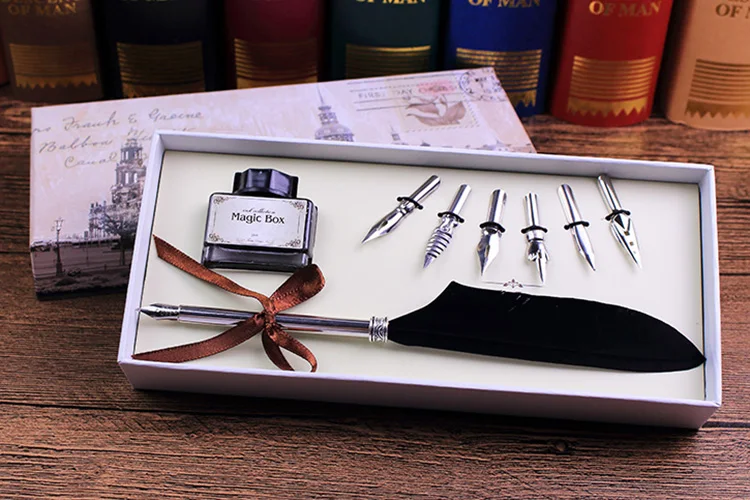 Античное перо Dip Ручка для письма набор чернил канцелярские Подарочная коробка с 6 перьями свадебный подарок перьевая ручка День Матери
