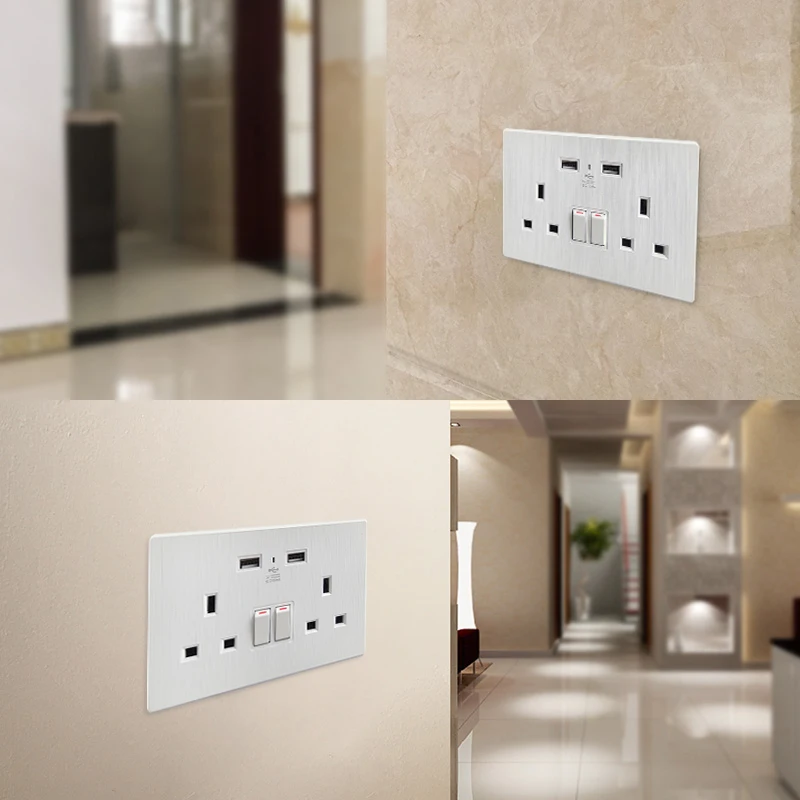 UK standard power socket with 2 AC outlet 2 USB Outlet Wall Socket Adapter Switch plug power socket Electrical Panel with on/off