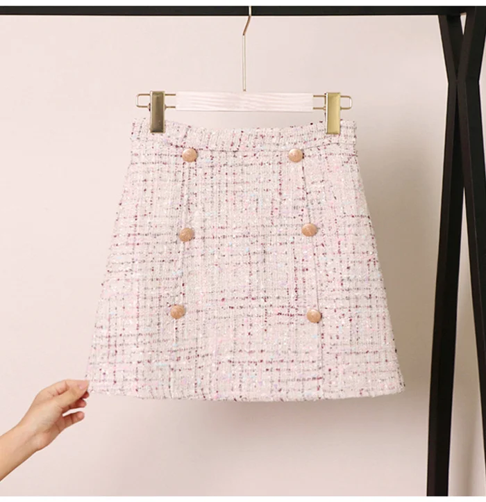 Women Tweed Skirt Korean Autumn/winter High Waist Slimming A Fashion Double-breasted Mini Skirt mujer