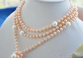 

14mm pink round white drip freshwater pearl necklace 65"
